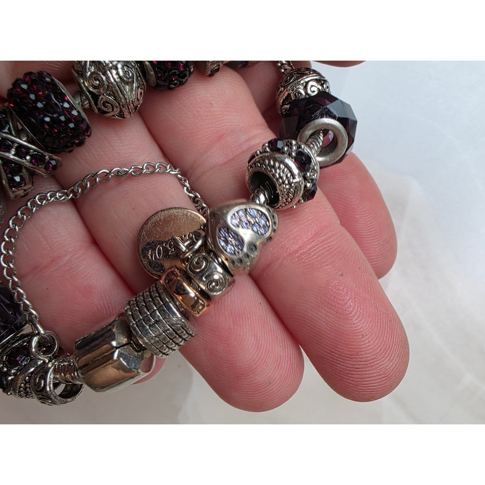 Sterling Silver Charm Bracelet Purple Murano Glass Pave Crystal Beads Yakira 48g - Picture 5 of 16